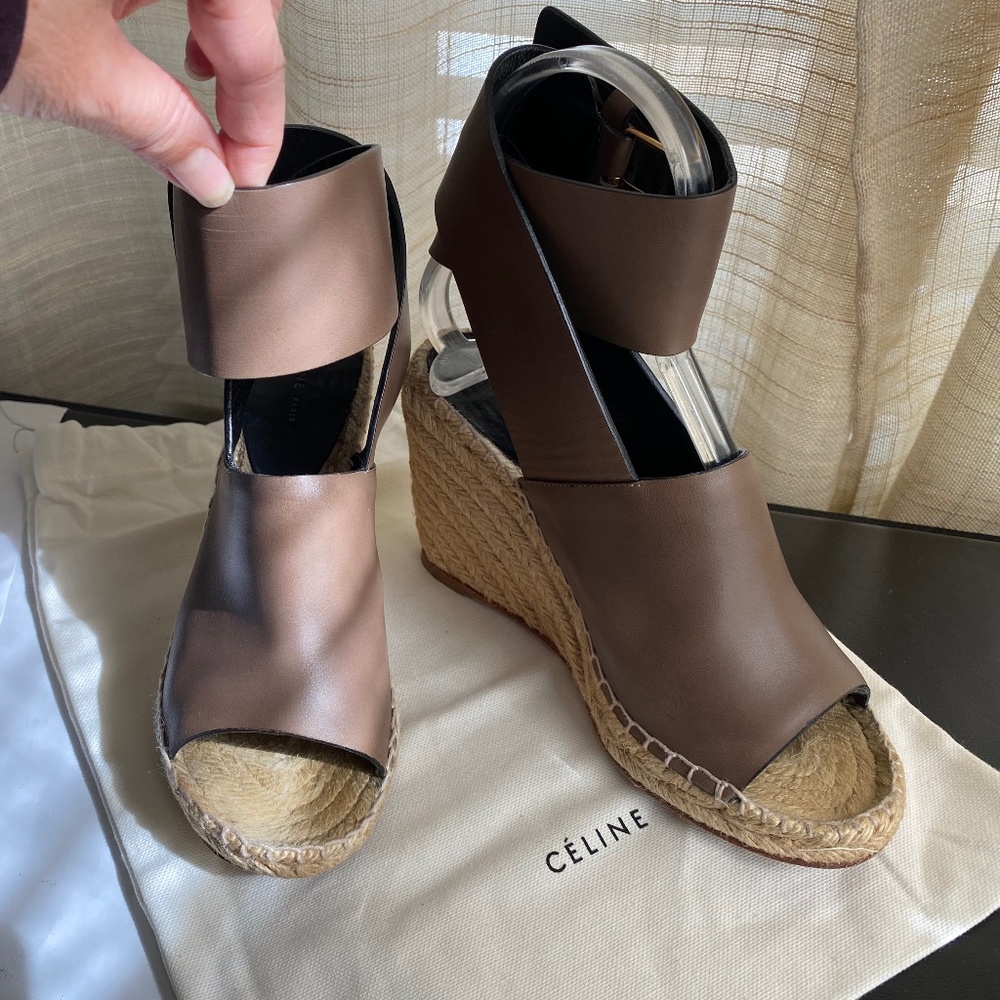 Celine espadrille brown Leather strap wedges ankle strap 36 peep-open toe/heel - Picture 2 of 9